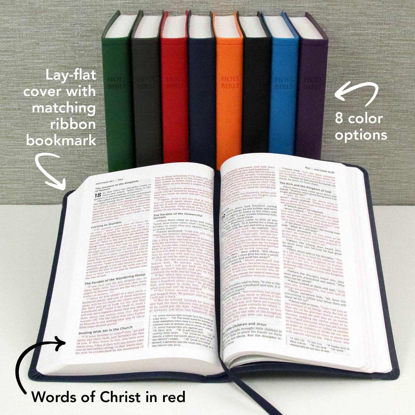 Custom Bible in 8 color options with matching ribbon bookmark. Words of Christ in red.