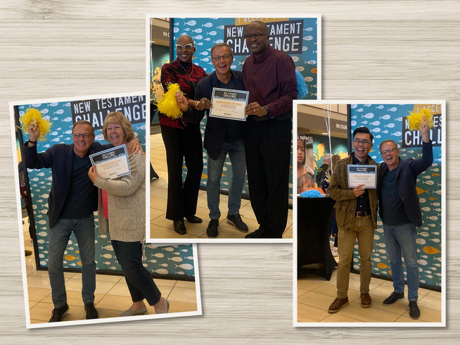Three images of groups of people celebrating success with a pom pom and certificate