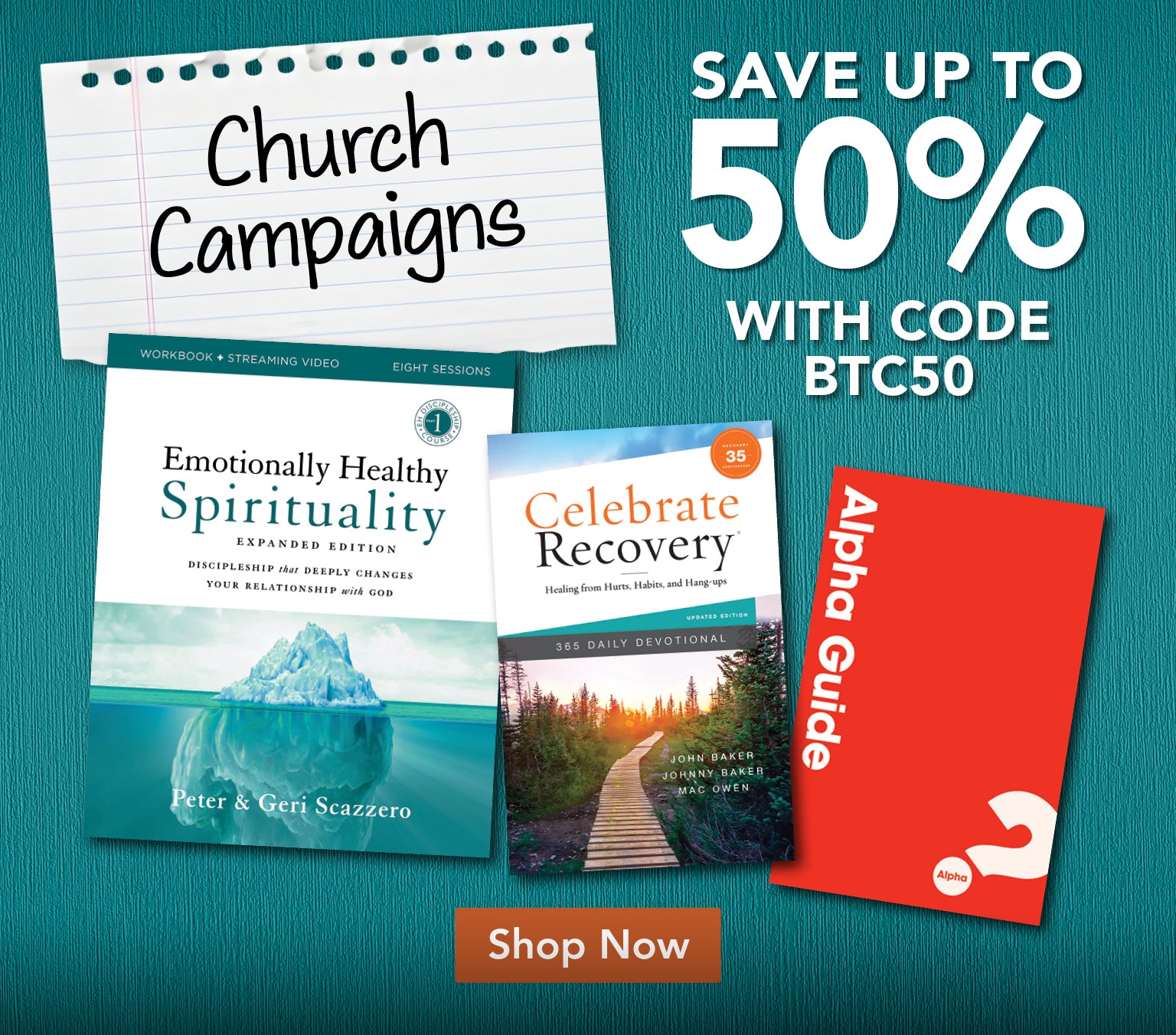 Promotional graphic for church campaigns with books and a discount offer on a teal background.