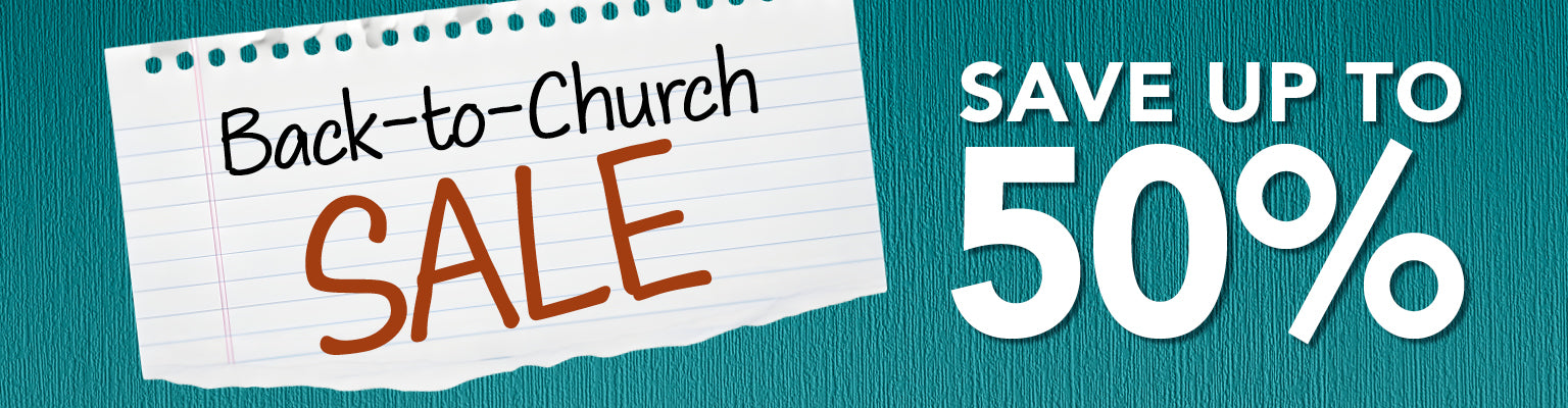 Promotional banner for a 'Back-to-Church Sale' with text indicating savings on a teal background.