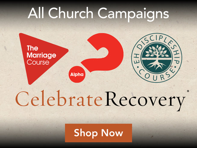 Promotional graphic for various church programs including 'The Marriage Course', 'Alpha', 'Discipleship Course', and 'Celebrate Recovery' with a 'Shop Now' button.