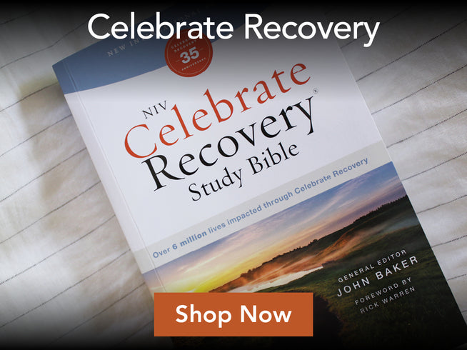 NIV Celebrate Recovery Study Bible on a wooden surface with promotional text.