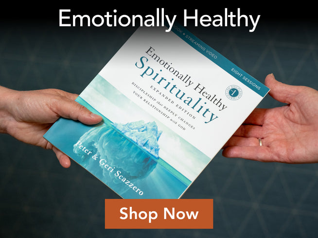 Book titled 'Emotionally Healthy Spirituality' held by two hands with a dark background and 'Shop Now' button.
