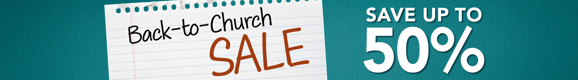 Promotional banner for a 'Back-to-Church Sale' with text indicating a 50% discount on a teal background.