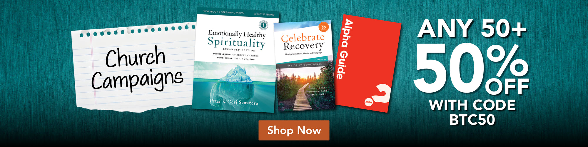 Promotional banner for church campaigns with books and a discount offer on a blue background. Church Campaigns 50% off 50+ with code BTC50.