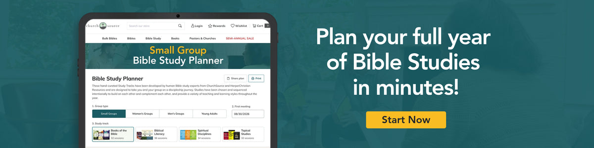 Promotional banner for a Bible Study Planner, showing a tablet screen with the 'Small Group Bible Study Planner' interface on the left and marketing text on the right reading 'Plan your full year of Bible Studies in minutes!' with a yellow 'Start Now' button over a dark teal background.