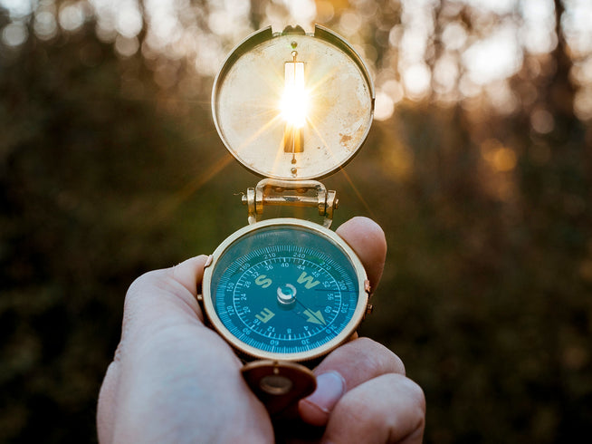 Hand holding a compass with a blurred natural background