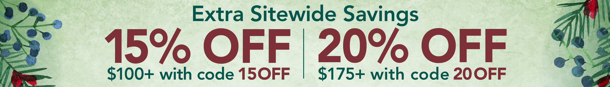 15% off $100 with code 15OFF
20% off $175 with code 20OFF 