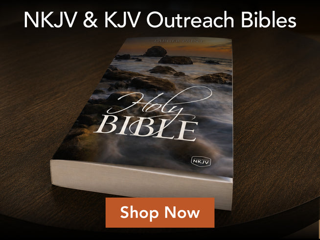 NKJV & KJV Outreach Bibles shown as a boxed/booklet-style product on a dark wooden surface, with large white text reading 'NKJV & KJV Outreach Bibles' at the top and an orange 'Shop Now' button below.