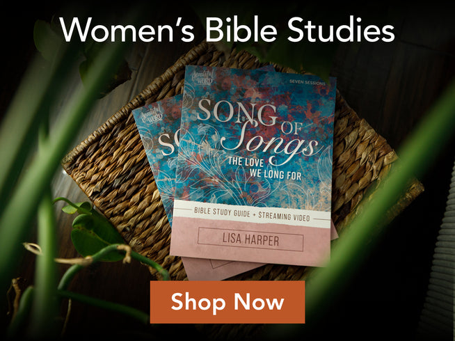 Two copies of the book 'Song of Songs: The Love We Long For' by Lisa Harper are displayed in a woven basket, with a 'Shop Now' button overlay and the text 'Women's Bible Studies' at the top.