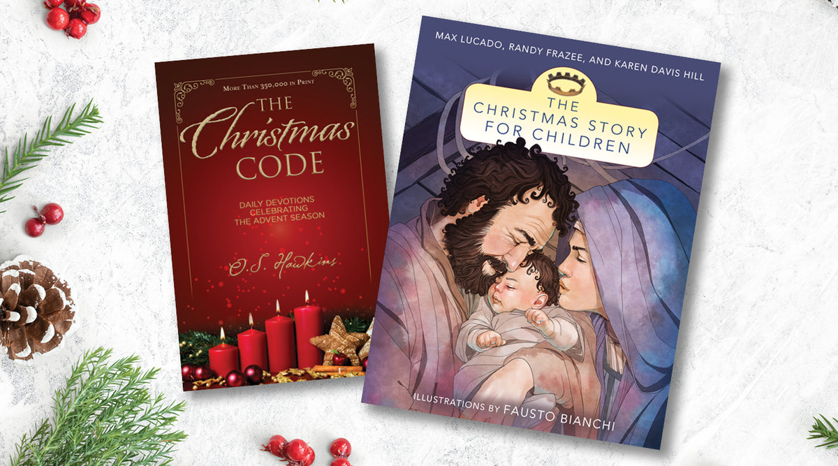 Two Christmas-themed books displayed on a light textured background with holiday greenery and red berries and candles at the bottom.