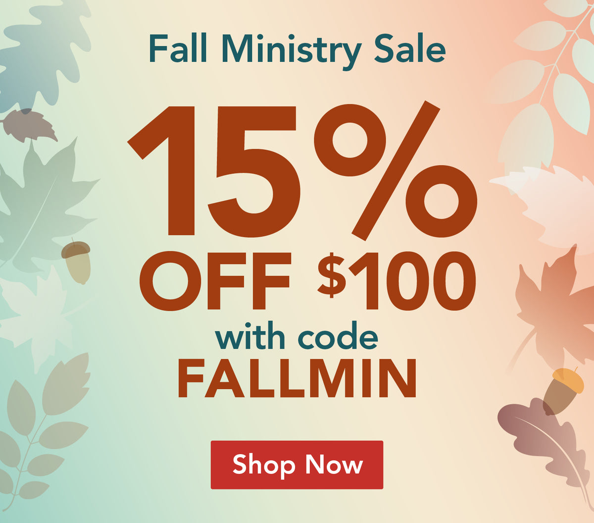 Promotional banner for a Fall Ministry Sale offering 15% off $100 with code FALLMIN, featuring a red 'Shop Now' button on a pastel background with autumn leaves.