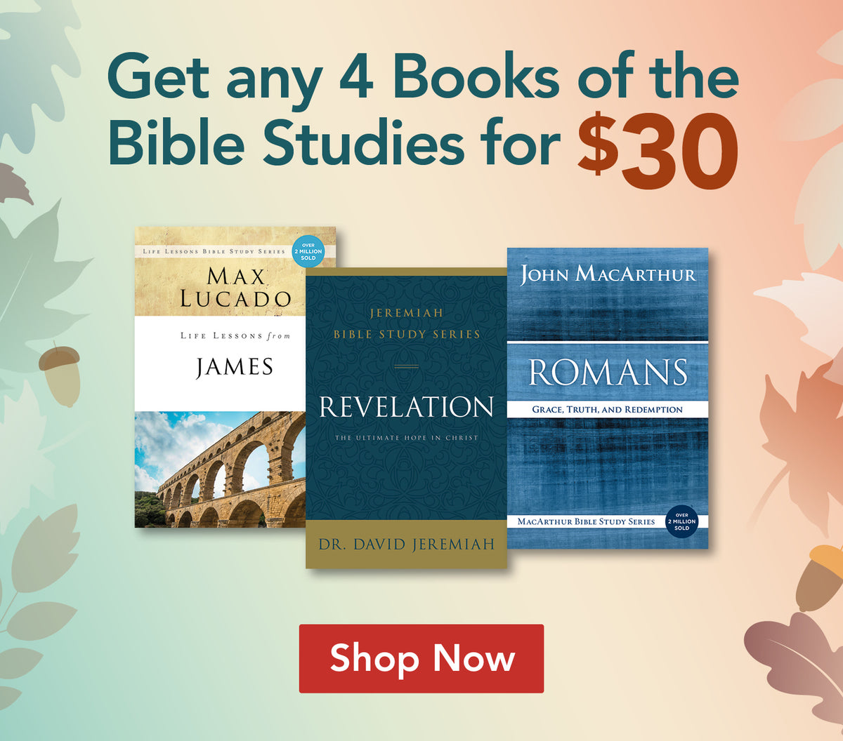 Promotional banner for Bible study books with the text 'Get any 4 Books of the Bible Studies for $30' and a red 'Shop Now' button. Three book covers are shown on the right.