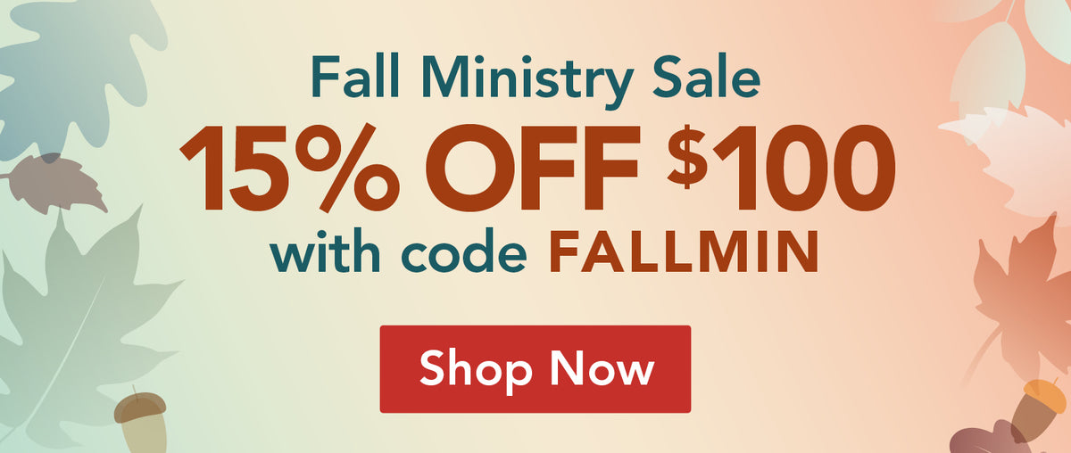 Promotional banner for a Fall Ministry Sale, featuring large text that reads '15% OFF $100 with code FALLMIN' and a red 'Shop Now' button on a soft peach and blue gradient background with leaf silhouettes.