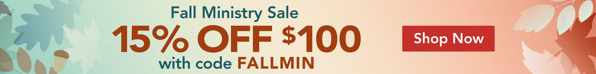 Promotional banner for a Fall Ministry Sale, featuring large text that reads '15% OFF $100 with code FALLMIN' and a red 'Shop Now' button on a soft peach and blue gradient background with leaf silhouettes.