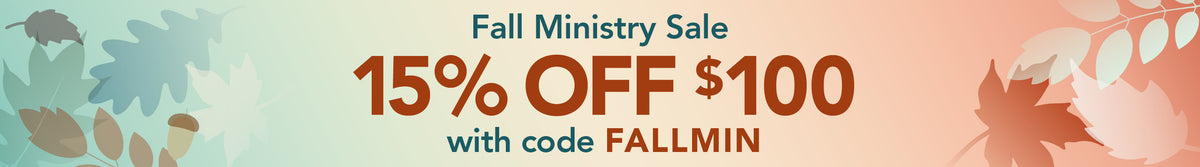 Promotional banner for a Fall Ministry Sale, featuring large text that reads '15% OFF $100 with code FALLMIN' on a soft peach and blue gradient background with leaf silhouettes.