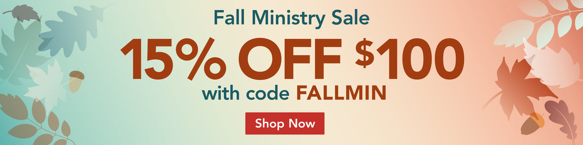 Promotional banner for a Fall Ministry Sale offering 15% off $100 with code FALLMIN, featuring a red 'Shop Now' button on a pastel background with autumn leaves.