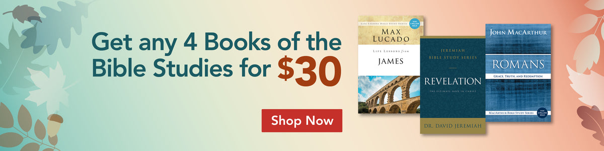 Promotional banner for Bible study books with the text 'Get any 4 Books of the Bible Studies for $30' and a red 'Shop Now' button. Three book covers are shown on the right.