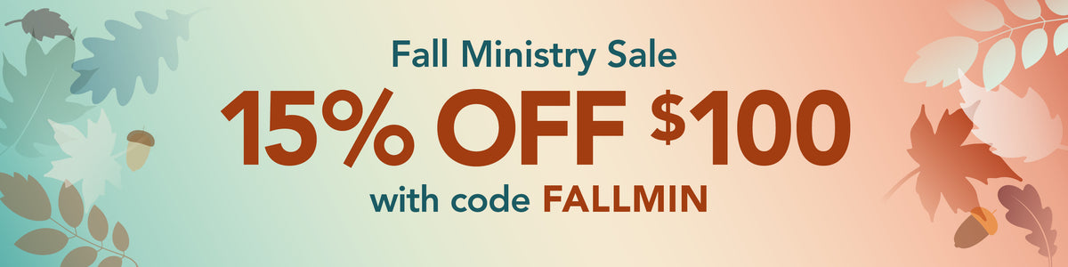 Promotional banner for a Fall Ministry Sale, featuring large text that reads '15% OFF $100 with code FALLMIN' on a soft peach and blue gradient background with leaf silhouettes.