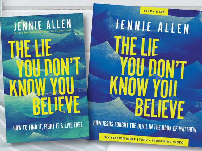 Two copies of 'The Lie You Don't Know You Believe' by Jennie Allen on a white wooden surface.