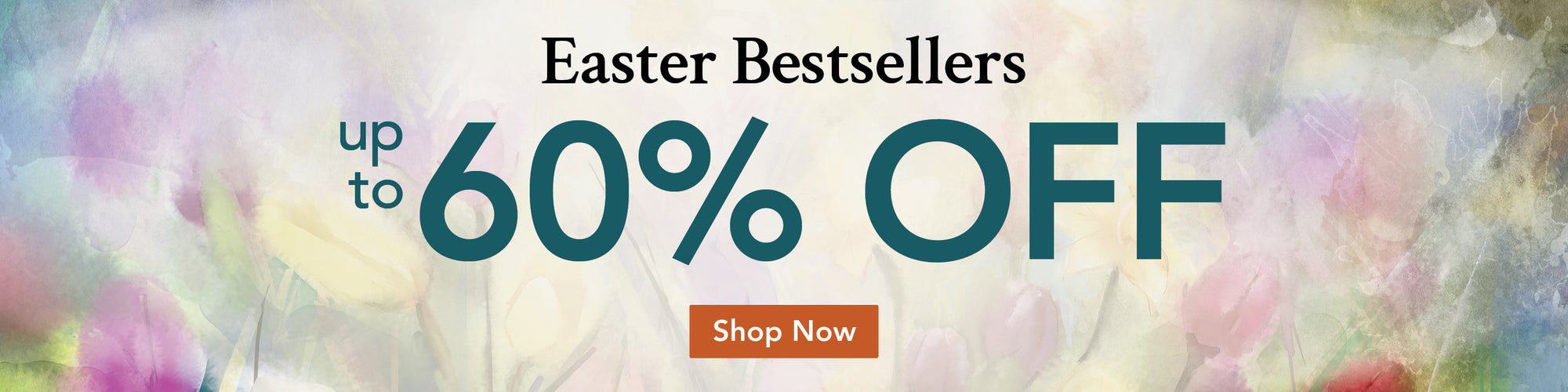 Promotional banner for Easter bestsellers with 60% off offer and 'Shop Now' button on a colorful background.