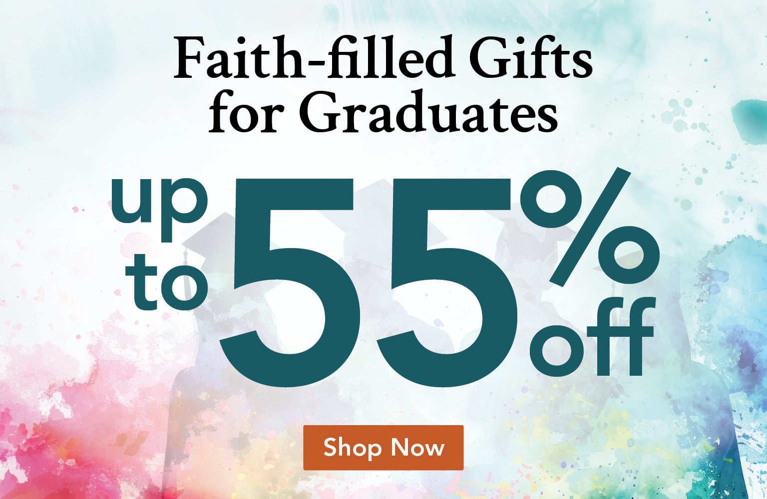 Promotional banner for faith-filled gifts for graduates with a 55% discount offer.