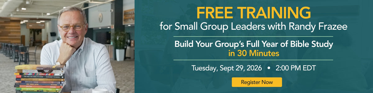 Promotional banner featuring Randy Frazee smiling at a desk with a stack of books, next to a dark teal panel with text reading 'FREE TRAINING for Small Group Leaders with Randy Frazee' and 'Build Your Group's Full Year of Bible Study in 30 minutes' and a yellow 'Register Now' button.