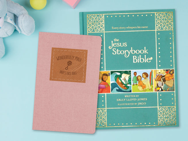 Two books on a light blue background, one pink and one titled 'The Jesus Storybook Bible'.