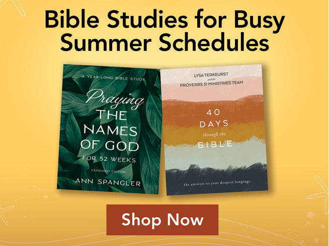 Two Bible study books on a yellow background with text promoting Bible studies for busy schedules.