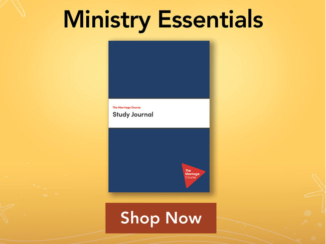 Blue study journal with red triangle logo on a yellow background, labeled 'Ministry Essentials' and 'Shop Now'.
