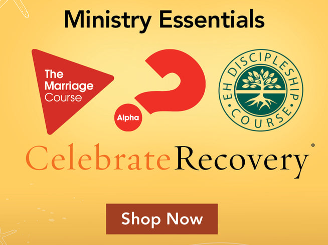 Promotional graphic for Ministry Essentials with logos and text on a yellow background