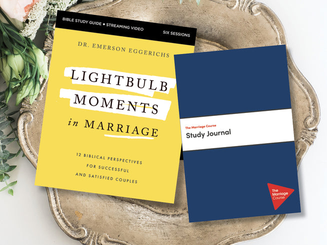 Book titled 'Lightbulb Moments in Marriage' and a study journal on a decorative tray.