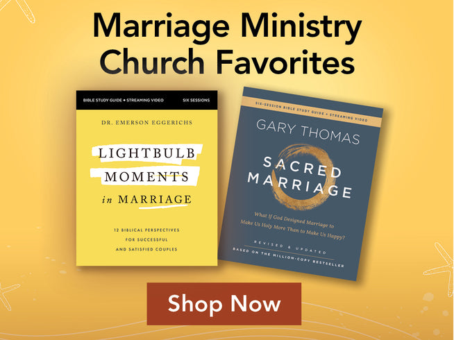 Two books, 'Lightbulb Moments in Marriage' and 'Sacred Marriage', on a yellow background with text 'Marriage Ministry Church Favorites' and 'Shop Now' button.