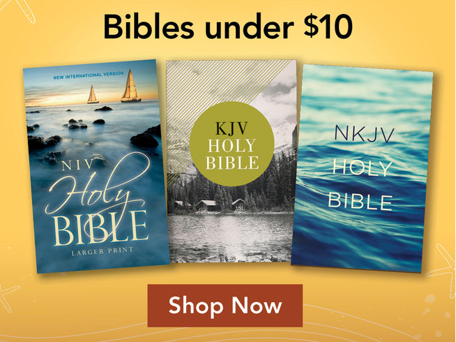 Three Bible covers with different designs on a yellow background, featuring text about prices and a 'Shop Now' button.