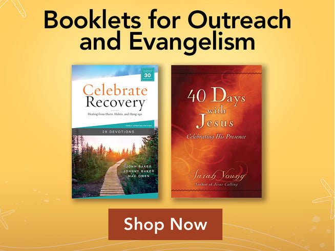 Two book covers, 'Celebrate Recovery' and '40 Days with Jesus', on a yellow background with text promoting booklets for outreach and evangelism.