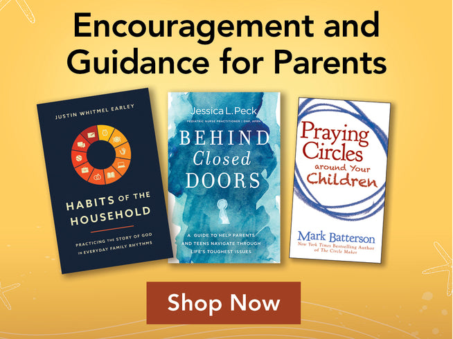 Three books on a yellow background with text 'Encouragement and Guidance for Parents' and 'Shop Now'.