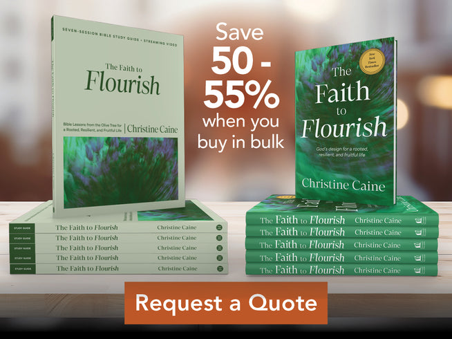 Books titled 'The Faith to Flourish' by Christine Caine with a promotional message on a blurred background.