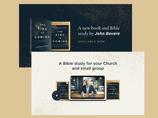 Promotional graphic for a Bible study and book titled 'The King Is Coming' by John Bevere, showing book covers, a DVD, and a laptop screen with a speaker on a beige and dark navy background.