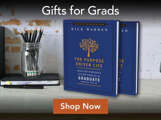 Book titled 'The Purpose Driven Life' by Rick Warren on a shelf with a jar of pencils and a 'Shop Now' button.