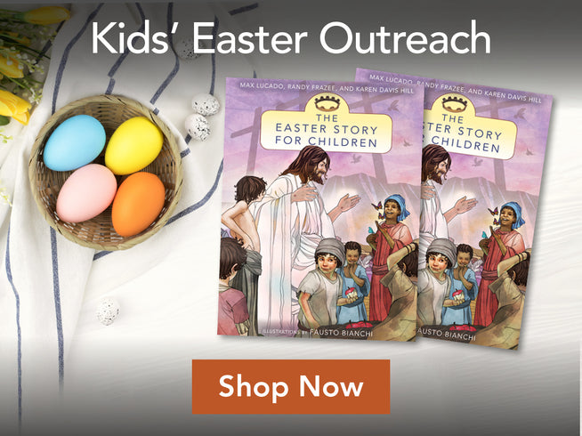 Two books titled 'The Easter Story for Children' with colored eggs in a basket on a white background.