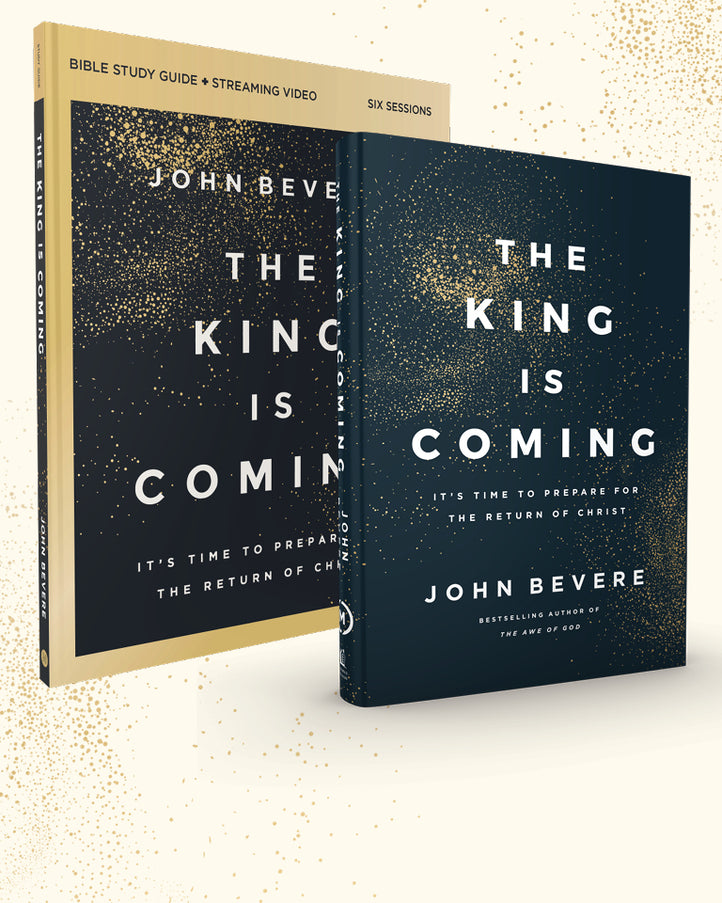 Two copies of the book 'The King Is Coming' by John Bevere, one showing the gold-and-black cover from the back and the other showing the front cover, set against a white background with subtle gold speckles.