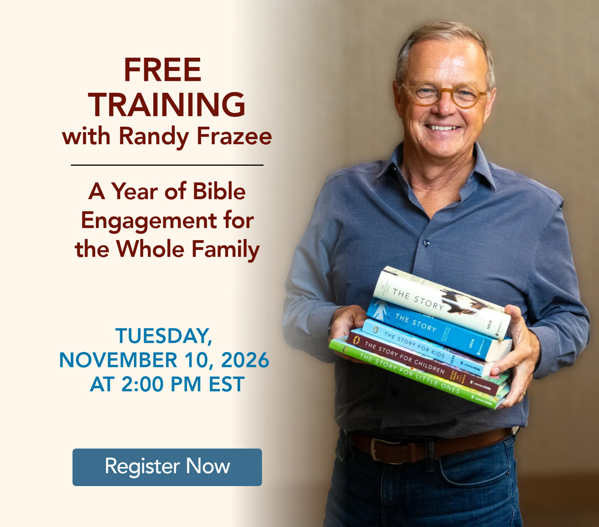 Promotional flyer for a free training event with Randy Frazee, featuring a smiling man in a blue shirt holding several books on the right, with event text on the left side including the title 'FREE TRAINING with Randy Frazee' and a 'Register Now' button.