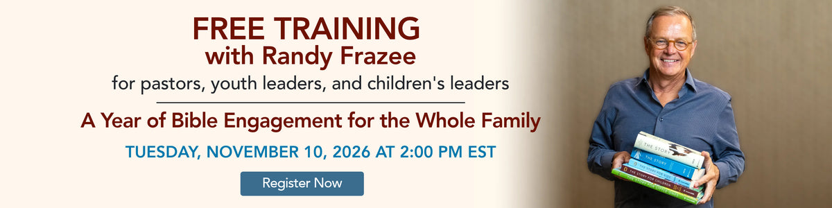 Promotional banner for a free training event with Randy Frazee, featuring text on the left and a smiling man holding a stack of books on the right against a beige background.