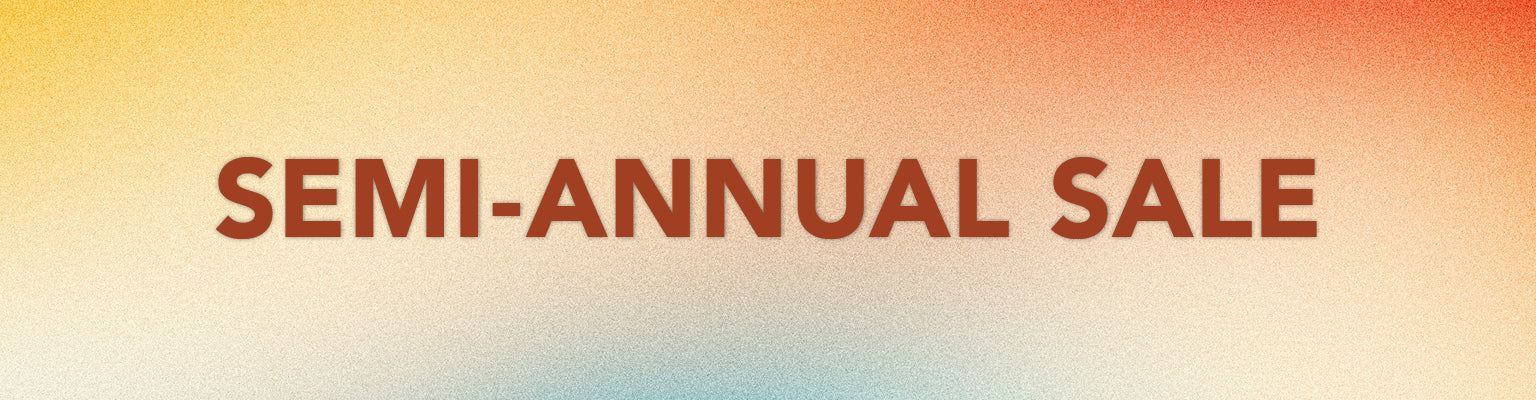 A promotional banner with the words 'SEMI-ANNUAL SALE' in dark red text over a soft gradient background transitioning from yellow at the top to orange and light blue at the bottom.