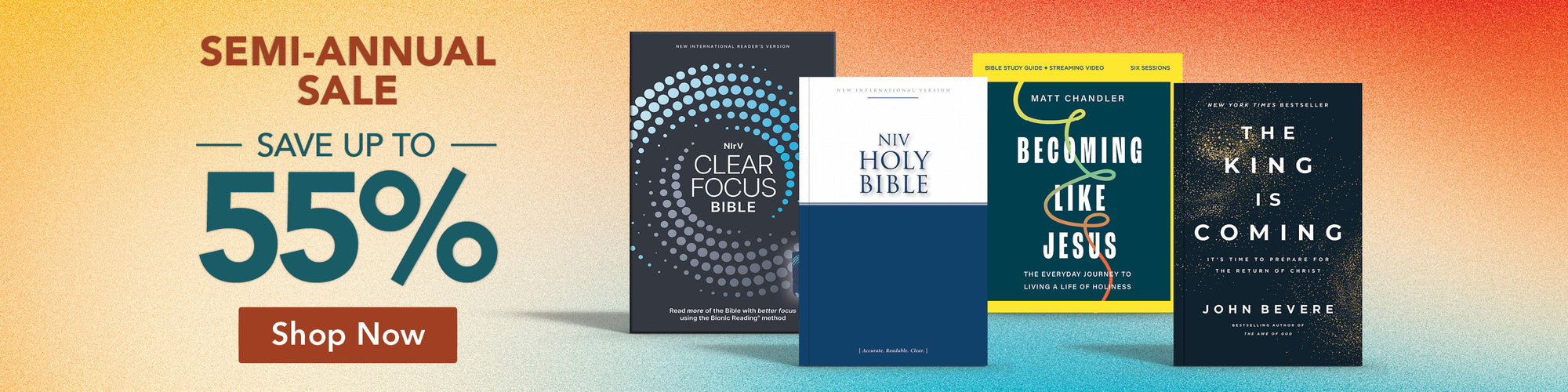 A promotional banner for a book sale featuring four Christian Bible books standing upright against a warm gradient background. The books include Clear Focus, Holy Bible, Beginning Like Jesus, and The King Is Coming.
