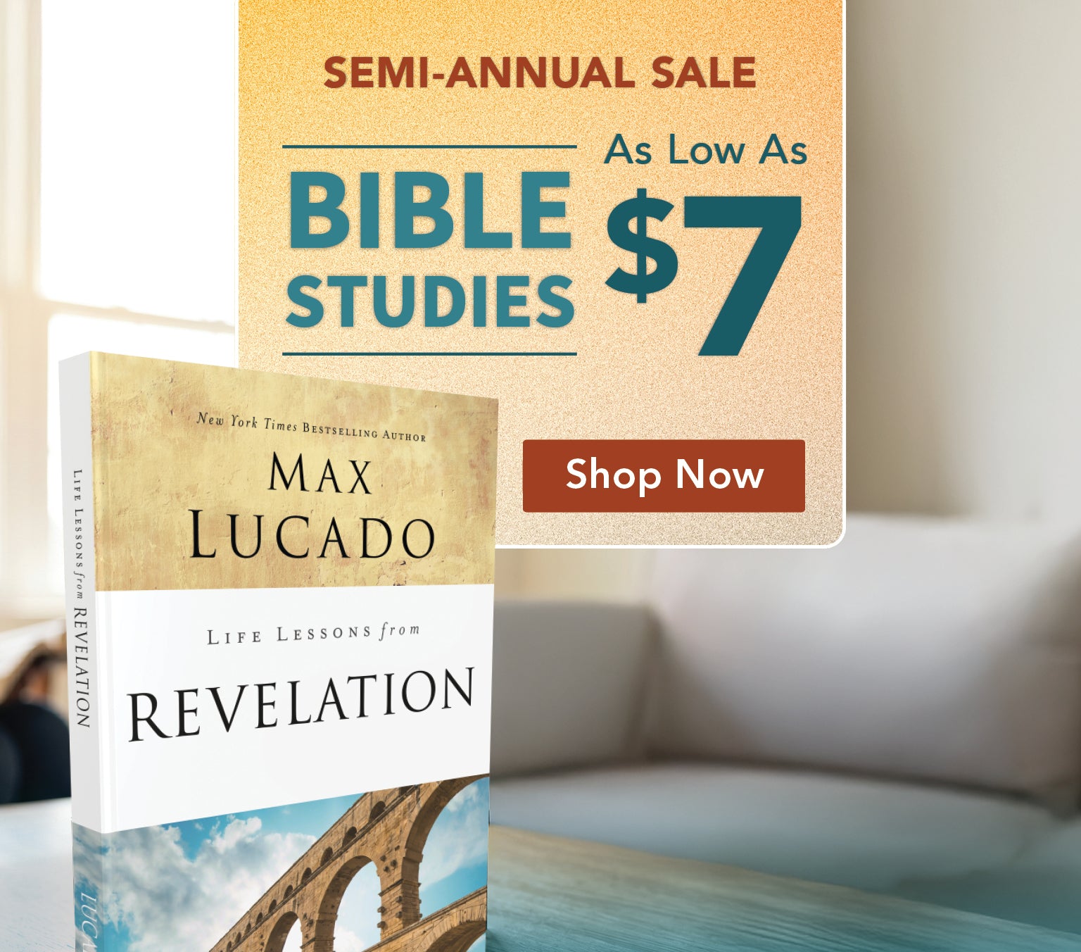 A promotional listing image showing the book cover of Max Lucado's 'Life Lessons from Revelation' in the foreground, with a large sale banner behind it reading 'Semi-Annual Sale As Low As Bible Studies $7' and a 'Shop Now' button. The background is a softly blurred indoor setting with a sofa.