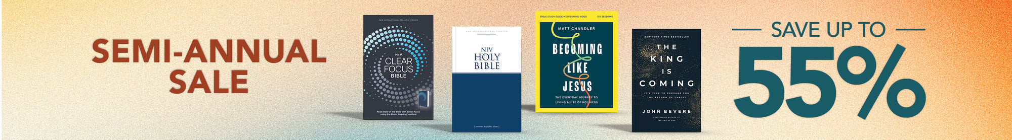 A promotional banner for a semi-annual sale featuring four books with dark covers and bold text, alongside large text reading 'SEMI-ANNUAL SALE' and 'SAVE UP TO 55%'.