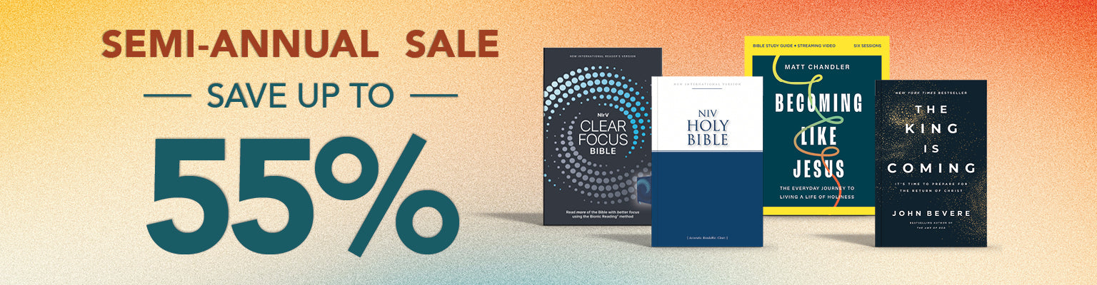 Promotional banner for a semi-annual sale featuring four Christian books: The Clear Bible, The Holy Bible, Beginning Like Jesus, and The King Is Coming, with large text reading 'SEMI-ANNUAL SALE SAVE UP TO 55%'.