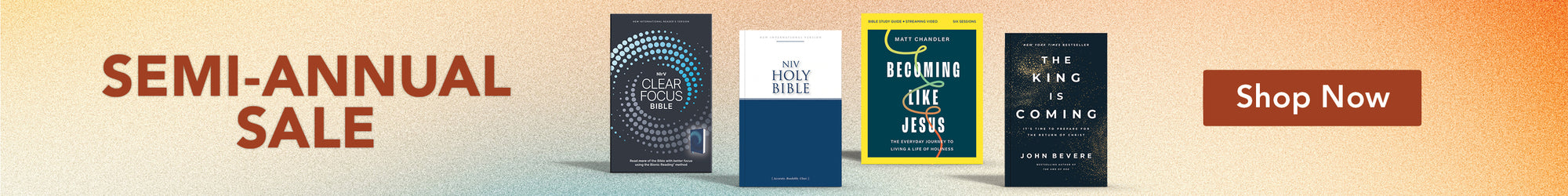 Promotional banner for a semi-annual sale featuring four book covers and a red 'Shop Now' button on a beige gradient background.