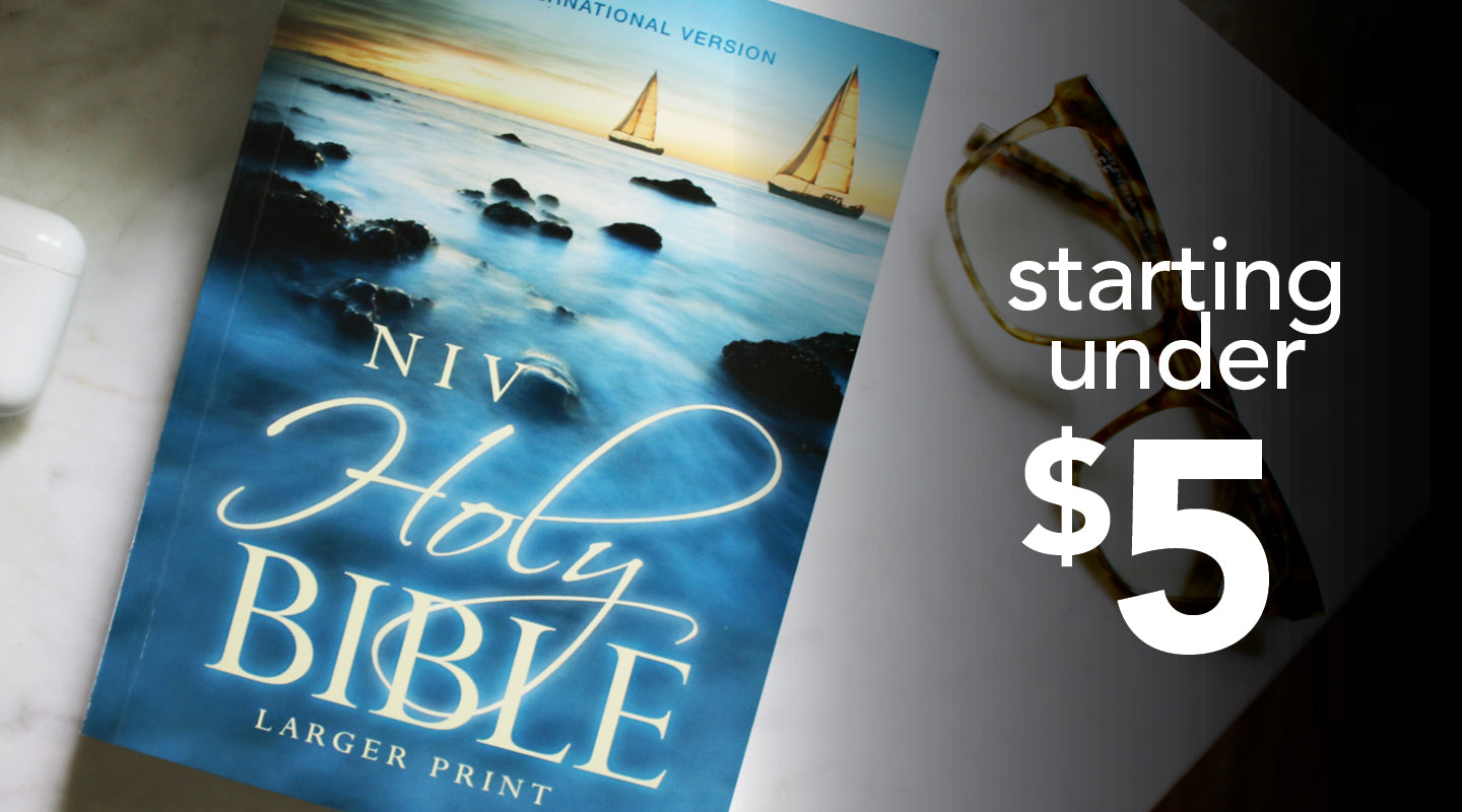 NIV Holy Bible larger print edition with a blue ocean and sailboat cover, shown on a light surface next to a pair of eyeglasses and promotional text reading 'starting under $5'.